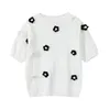 Mode d'été en trois dimensions Floral tricoté haut femmes Streetwear français élégant décontracté blanc récolte pull femme 210515