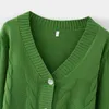 Avokado grön v-hals singel-breasted stick retro grovt twist kvinnlig cardigan koreansk stil enkel långärmad kvinnors tröja 210507