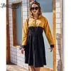 Streetwear Color Block O-ring Zip Up Midi Robes Printemps Femmes Col Montant Manches Longues Cordon Taille A-Line Robe 210510