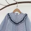 1-7Yrs Baby Girls Shirt Spring Autumn Cotton White Blue Striped Embroidery Flower Flare Sleeve Kids Blouse 210429