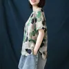 Verão Artes Estilo Mulheres Manga Curta Loose O-Pescoço T-shirt Impressão Vintage Linho de algodão Camiseta Tops Femme Plus Size M31 210512