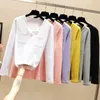 Wwenn Sexy V-nek Koreaanse T-shirt Damesvrouw Top Lange Mouw Roze T-shirt Femme Ropa Mujer Paars Geel Plus Big Size 3XL 210507