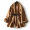 Women's Wool & Blends 2021 Double-sided Cashmere Coat Short Small Leather Belt Hepburn