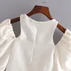 Mulheres vintage elegante sólido curto blusas de oco v pescoço manga longa branca estilo francês camisas femininas chic colheita tops moda 210422