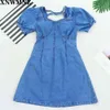 zomer vrouwen vintage blauwe rits denim jurk bladerdeeg mouw backless hoge taille a-lijn vrouwtjes mini jurken vestidos za robe 210510