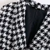 TRAF Women Tops Vintage Houndstooth Double Breasted Blazer Coat Mode Lange Mouw Gerafelde Trims Bovenkleding Chic Plaid Jacket 210415