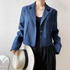 Femmes Bleu Casual Court Simple Bouton Blazer Revers Manches Longues Coupe Ample Veste Mode Printemps Automne 2F0500 210510