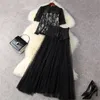 Sommer Mode Transparente Spitze Zwei Stück Set Frauen Kurzarm Hemd und Hohe Taille Maxi Mesh Rock Anzug Party Outfit 210601