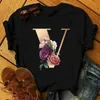 Women's T-Shirt Girls Name Tops Tee Summer Fashion Short Sleeve Unisex 26 English Letters Flowers Printed Women Black Tshirts ABCDE