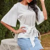 O-Neck Keyhole Back Butterfly Sleeve Chiffon Blus Kvinnor Sommar Koreansk stil Casual Belted Ladies Toppar och Blusar 210510