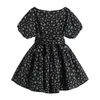 Festa Francesa Preto Mini Dress Mulheres Romântica Floral Impressão Puff Manga Curta Vintage Vestidos Elegant Cintura Alta BANDAGE VESTIDOS 210417