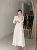 Spring Elegant Windbreaker Women's White Maxi Dress Korean Clothing Femme Robe Slim Suit Collar Double-Breasted Coat With Belt 210514