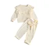 Kleidungssets 0–12 Monate Kleinkind Baby Mädchen Outfit-Sets aus glattem Samt, Rundhalsausschnitt, Rüschenbesatz, Oberteil, elastische Taille, Schleife, Hosenkleidung