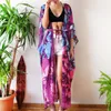 Chiffon Printing Tunics For Beach Robe De Plage Pareo Dress Kaftan Waistblet Bathing Suit Cover Ups Plus Size Cardigan Women's Swimwear