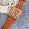 Fashion Brand Watches Men skull Skeleton square style Dial Leather strap Wrist watch BR06