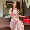 Летний корейский хит цветное платье для пледа для женщин с коротким рукавом MIDI платья женская мода элегантная одежда 210529