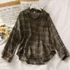 Spring Autumn Women's Plaid Shirt Korean Retro Loose Long-sleeved Female Single-breasted Turn-down Collar Thin Top GD536 210506