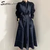 Korean Style Chic Long Dress Women Elegant Single Breasted Sleeve Office Lady Midi Female Trench Coat 210421