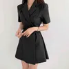 Elegante gekerfde kraag Blazer mini-jurk met sjerpen zomer dames gekerfd korte mouw a-lijn feestjurken vrouwelijke 210518