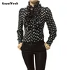Nova Moda Quente Estilo Coréia Vintage Chiffon Bolka Dots Blusa do Corpo das Mulheres Tops Shirt Stand Collar Ruffles S L XL SY0185 H1230
