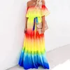 カジュアルドレス虹色オフショルダードレス女性プリーツロングパーティーセクシーなマキシ大きな裾ビーチローブファム