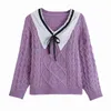 Sweet Women Embroidery Turn Down Collar Sweater Fashion Ladies Bow Lace Knitted Tops Elegant Female Chic Pullover 210427