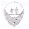 Oorbellen Ketting Sieraden Sets Crystal Mode Set Bruids Bruiloft Choker Rhinestone Verklaring Kraag Dames Bib Chunky Gifts 2pc Drop