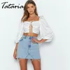 Femmes Sexy Tache Col Carré À Manches Longues Crop Tops T-shirt Blanc Creux Out Bandage Dames Paty Puff Bodycon Top 210514