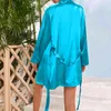 3ピースローブレースキャミソールショーツセットサテンPajamas Wome Summer Soft Sleepwear下着ランジェリーPijama Mujer 2021 A30 x0526
