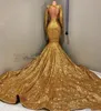 Sexig Deep V Neck Gold Mermaid Prom Dress 2022 Långärmad Öppna Back Sequined Formal Evening Gowns Celebrity Party Dresses