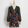 Print Geometric Dress For Women V Neck Lantern Sleeve High Waist Vintage Dresses Female Fashion Clothing 210520