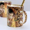 Klimt beijo porcelian canecas xícaras de café com colher gustav klimt osso china presente de aniversário de casamento escritório drinkware 220224