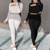 Vrouwen zomer casual twee stukken set trainingspak elastische skinny lange mouwen crop top en broek sportkleding 2 slanke outfit 210520