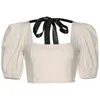 Puff Short Sleeve Square Collar Bow Strap Crop Top Kvinnor Casual Solid T Shirt Sommar Streetwear Tee Zipper Beskuren skjorta 210514