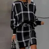 Jesień Kobiety Casual O Neck Pullover Bluza Mini Spódnice Outfits Office Lady 2 sztuk Zestawy Wiosna Elegancka Plaid Drukuj Set 211108