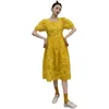 Vestido largo amarillo con cuello cuadrado para mujer, vestidos con mangas de burbujas, corte holgado, moda para mujer, llegadas de verano 2H061 210526