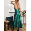 Letnie kobiety Długi Satynowy Spaghetti Pasek Zielony Sexy Split Silk Maxi Dress 210415