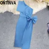Sommarblå en axel oregelbunden bodycon mantel midi längd klubb sexig penna klänning med båge för kvinnor plus storlek xxl 210527
