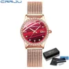 Mulheres Crrju Moda Casual Vermelho Diamante Relógios Senhoras Beleza Elegante Cristal Impermeável Quartzo Malha Relógios Zegarek Damski 210517