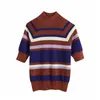 Red Striped Knitted Turtleneck Sweater Women Fall Short Sleeve Sweaters Ladies Metallic thread Rib Pullover 210519