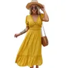 Boho stil pläterad lång klänning mode v-hals kortärmad kvinna sommar klänningar lösa damer strand sundress ropa mujer 210524