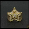 Band Drop Delivery 2021 Hip Hop Mens Gold Ring Jewelry High Quality Five-Pointed Star Cubic Zircon Sier Rings For Men Fsi2N