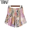 Traf Femmes Chic Mode Floral Imprimer Smocké Shorts Vintage Haute Taille Élastique Avec Cordon Femelle Pantalon Court Mujer 210415