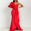 Free Elegant Party Dress Sexy Evening Women Long es One Shoulder Bodycon Split Female Ruffles Maxi Red 210524