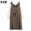 [EAM] Women Brown Big Size Sashes Bow Spliced Dress Square Neck Puff Sleeve Loose Fit Fashion Spring Autumn 1DD7242 21512