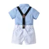赤ちゃん男の子服セット弓正式な夏イギリス風の服スーツブルーシャツトップ+サスペンダーパンツ衣装210611