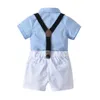 Baby Boys Conjunto de roupas Curro Verão Formal Estilo Britânico Roupa Terno Camisa Azul Top + Suspender Calças Equipamentos 210611