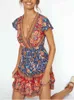 Frauen Sexy Tiefem V-ausschnitt Mini Wrap Bandage Kleider Sommer Rayon Baumwolle Blumendruck Boho Strand A-Line Mini Kleider Vestidos 210416