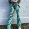 Paisley print groen rechte y2k joggingbroek hoge taille gestapelde broek vrouwen mode chique stropdas kleurstof ruches broek voor vrouwelijke 210415