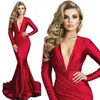 2022 Charming Red Mermaid Prom Dresses With Capped Long Sleeves Deep V Neck Satin Formal Evening Gowns For Women Special Occasion Wear Engagement Outfit Custom Size